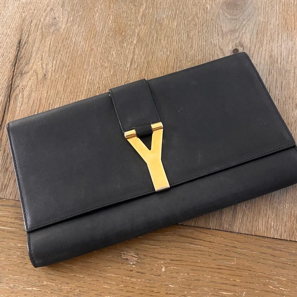 Yves Saint Laurent Black Clutch with Gold Y Detail